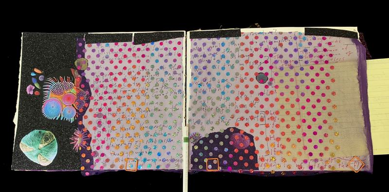 A mixed-media art piece featuring a variety of colorful dots and abstract designs.