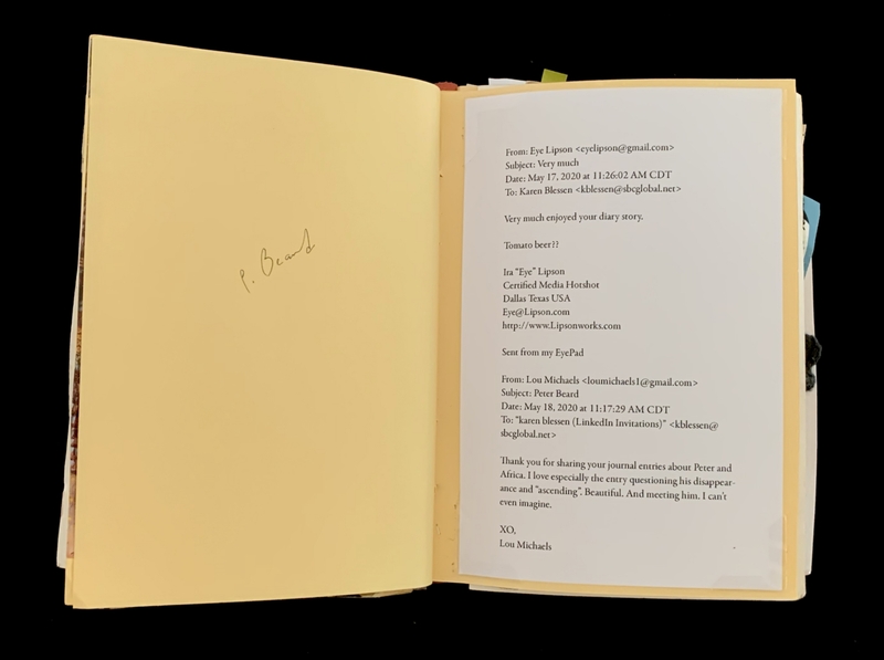 A yellow folder page with handwritten notes and two email excerpts.