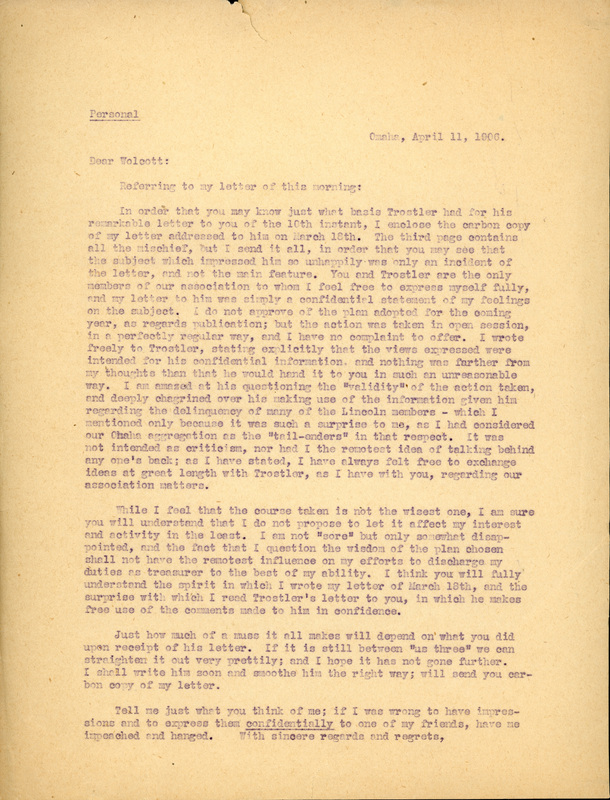 Typewritten letter, 1 page, from Frank H. Shoemaker to Robert H. Wolcott, "Referring to my letter of this morning:"