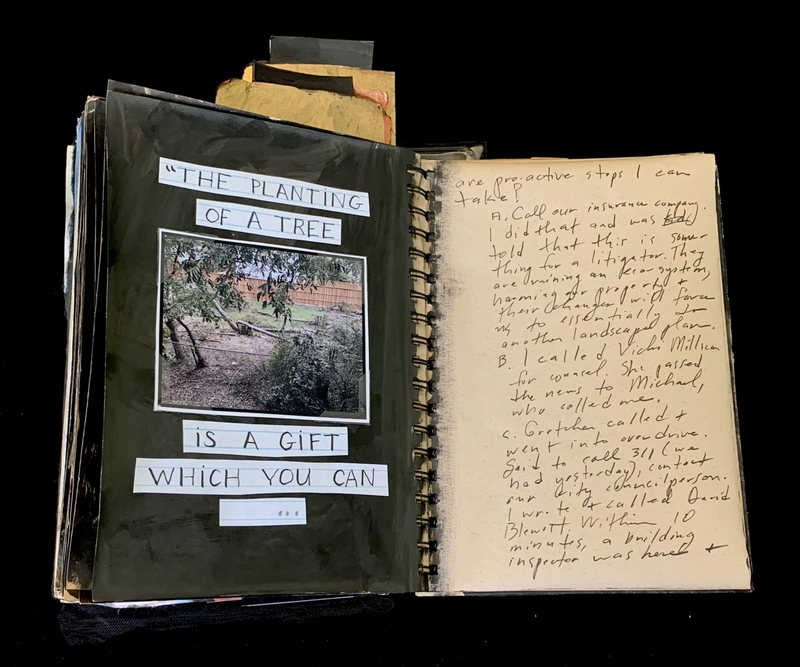 A scrapbook page featuring a photograph of a tree and handwritten notes discussing proactive steps and a quote about planting a tree.