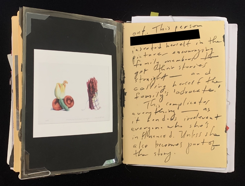 A handwritten page with a small illustration of a person and a child, accompanied by a note.