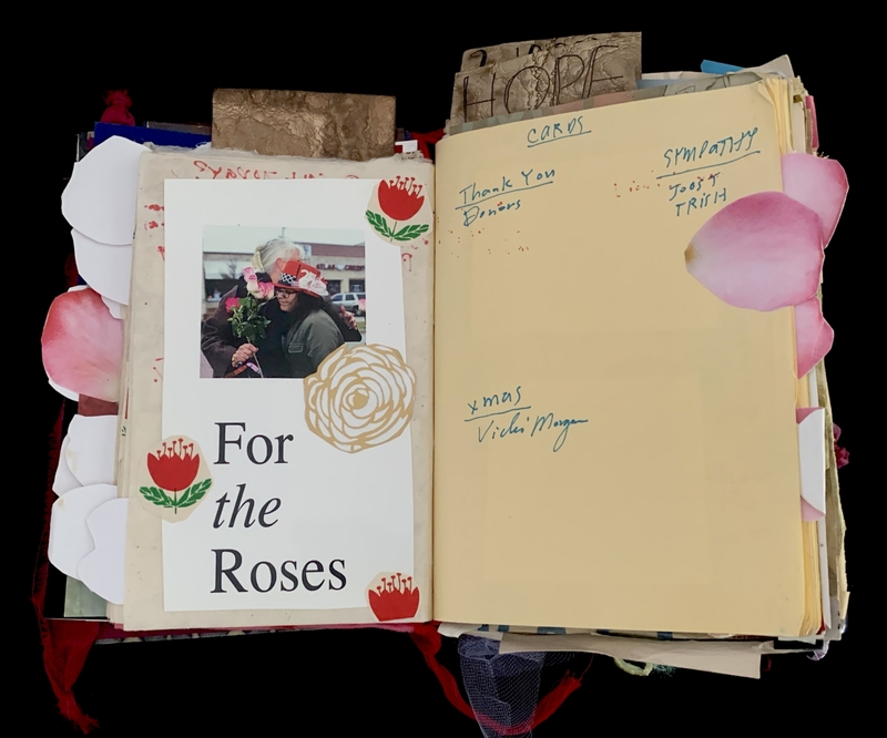 A scrapbook page titled "For the Roses" featuring a photograph and various handwritten notes.