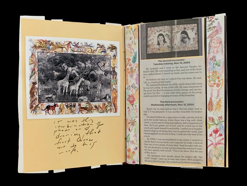A scrapbook page featuring a photograph of giraffes in a savanna scene, accompanied by handwritten notes and a typed narrative about encounters with a person named Beard.