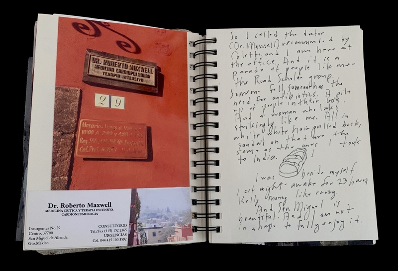 A handwritten journal entry accompanied by a photograph of a medical office and a business card for Dr. Roberto Maxwell.