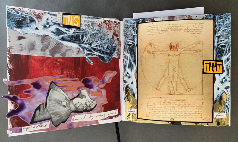 A juxtaposition of a modern, abstract collage and a classical Vitruvian man drawing.