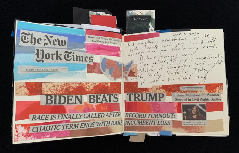 A collage with a newspaper headline "BIDEN BEATS TRUMP," handwritten text, and colorful paper strips in a notebook.