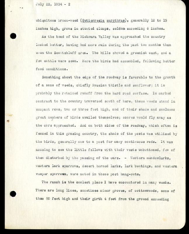 Frank H. Shoemaker typescript, 8 pages, on trip to Agate Springs Ranch with bird list.
