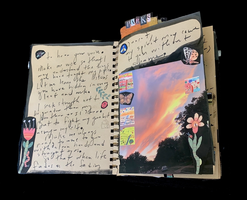 A scrapbook page featuring handwritten text, a photograph of a fiery sunset, and various decorative elements.