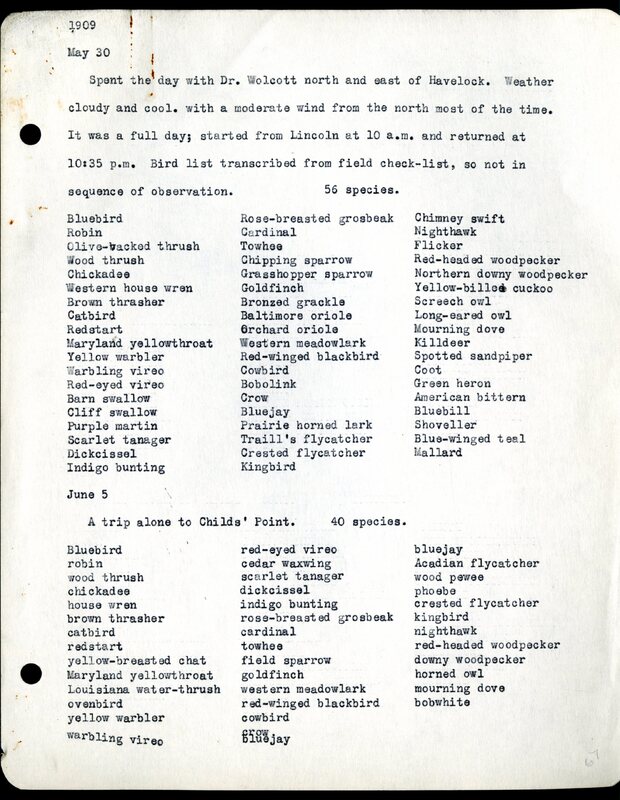 Frank H. Shoemaker typescript, 11 pages, notes and bird lists from field trip at Havelock, Nebraska, and areas surrounding Lincoln, Nebraska