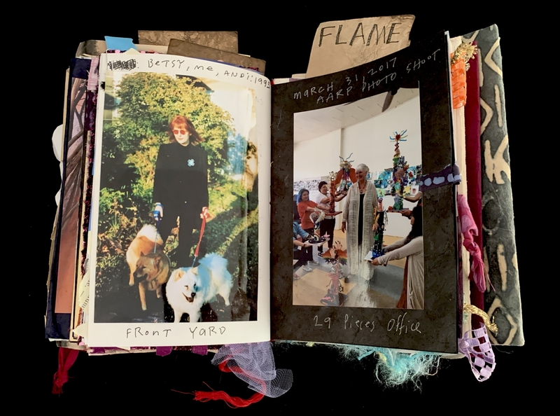A scrapbook page featuring two photographs, one labeled "Front Yard" and the other "March 31, 2017 AARP Photo Shoot," with decorative elements and handwritten notes.