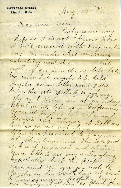 Handwritten 11 page letter from Marcia Bruner to Lawrence Bruner, "The letter you wrote June 27 got here…"