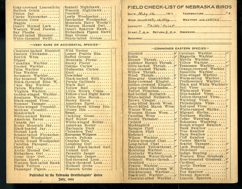 Frank H. Shoemaker bird record, sited on May 14, 1911, in Sarpy County, Nebraska, and recorded on the "Field Check List of  Nebraska Birds."