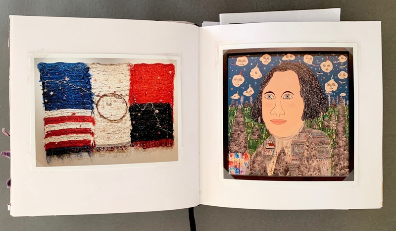 A mixed-media page featuring a textile collage and a portrait with a celestial background.
