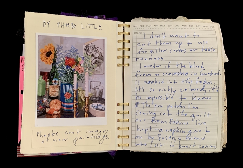 : A journal entry featuring a photograph of a still life and handwritten reflections on fabric and art.