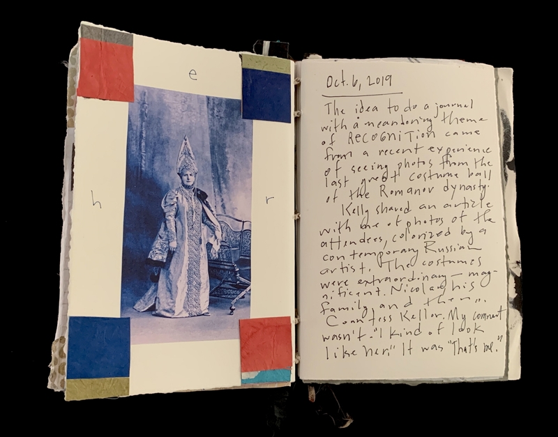 Open journal with a blue-tinted vintage photo on the left and handwritten text on the right.