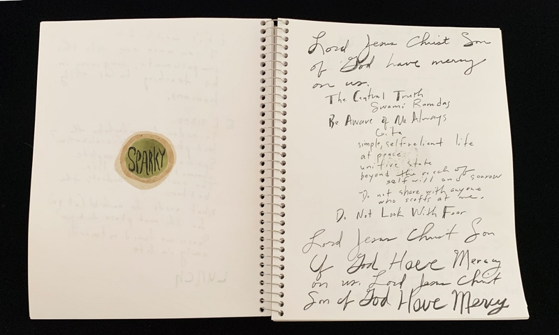 A handwritten page from a spiral-bound notebook with a circular sticker labeled "SPARKY" on the left page.