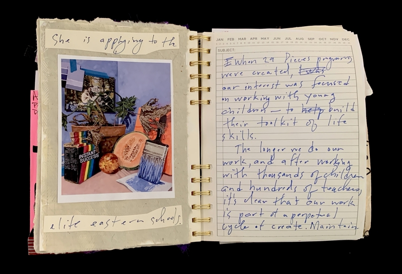 A handwritten note and a photograph are displayed in a spiral-bound notebook, discussing a program and its impact on children.