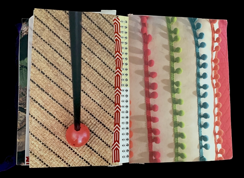 A collage featuring a close-up of a textured surface, a red ball, and a patterned notebook with colorful pom-poms.