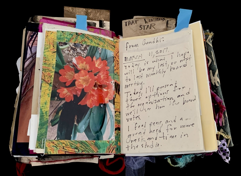 A collage of various papers, photographs, and handwritten notes, including a note from Gandhi dated March 11, 2017.