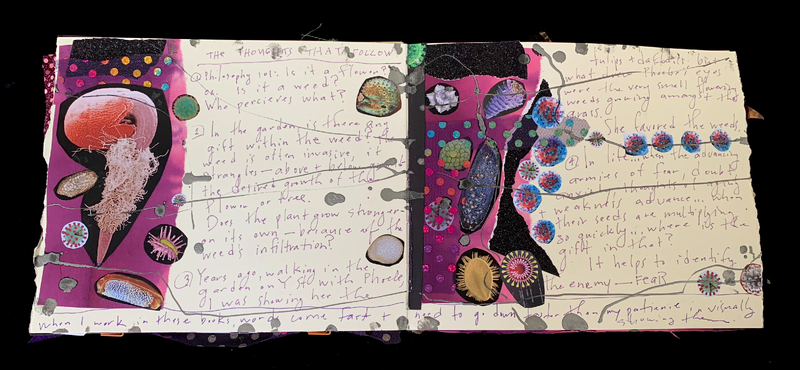 A mixed-media page featuring a collage of botanical illustrations and handwritten text discussing philosophical and personal reflections on weeds and growth.