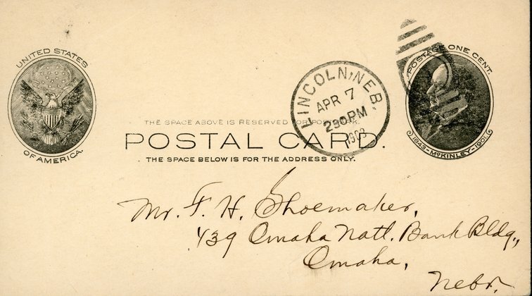 Handwritten postcard from Robert H. Wolcott to Frank H. Shoemaker, "Your letter just here- I talked the matter over thoroughly with Ward last night. I must go between May 27 and June 11."