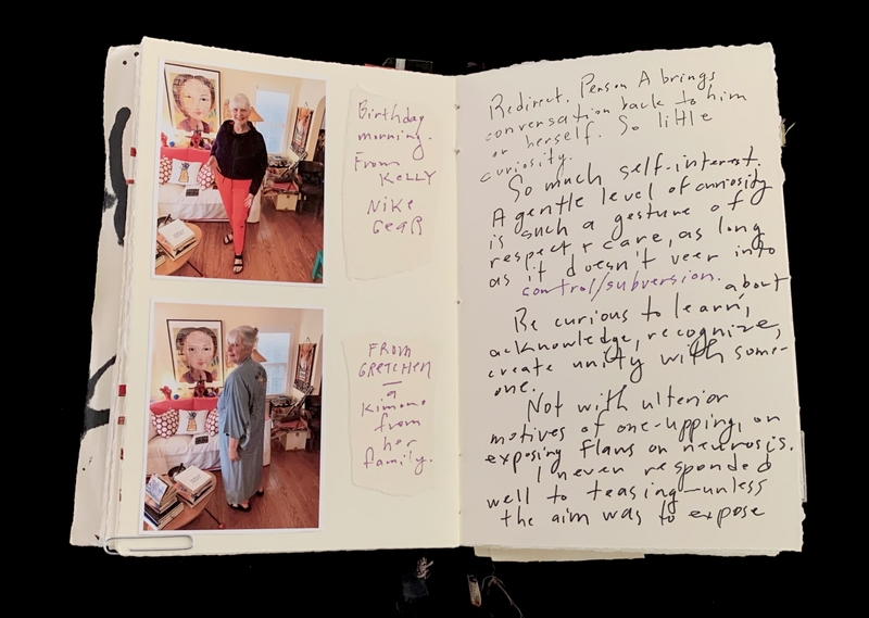 Open sketchbook with two photographs of a woman and handwritten text on the opposing page.