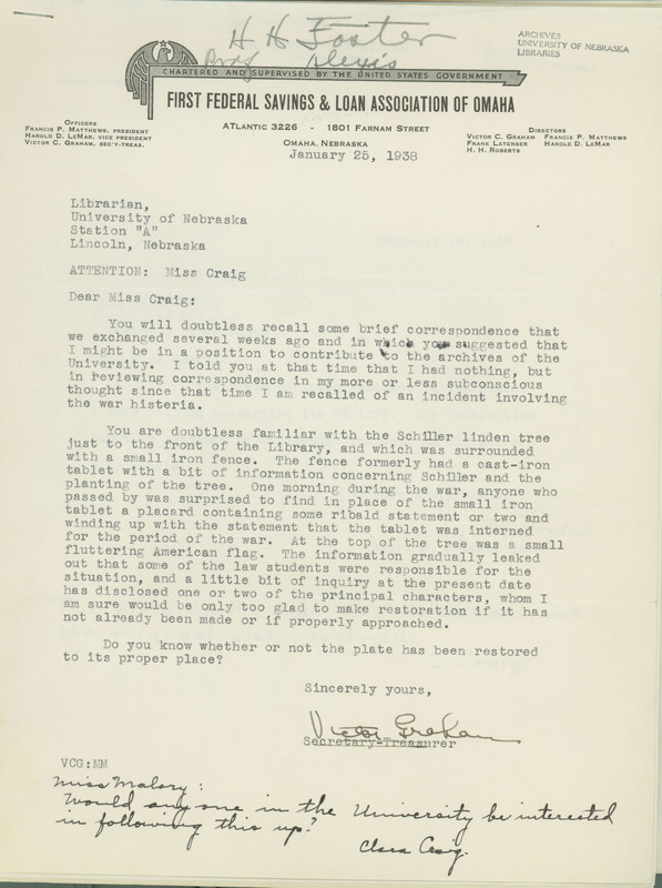 A letter from Victor C. Graham to "Miss Craig" discussing the defacement of the Schiller linden tree during his time at UNL.