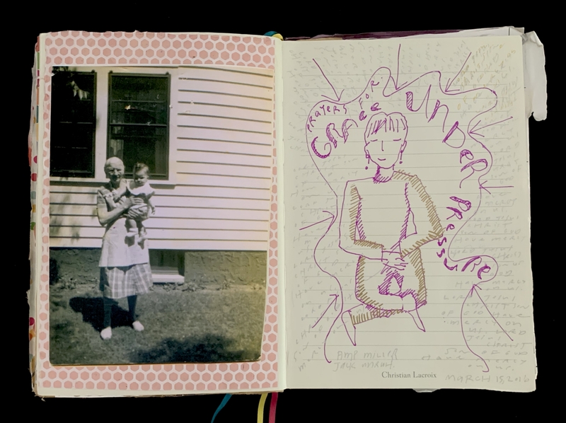 An open journal showing a vintage photo on the left and a purple ink sketch with handwritten text on the right page.