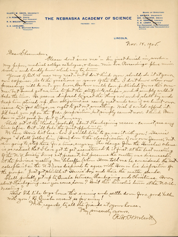 Handwritten letter, 1 page, from Robert H. Wolcott to Frank H. Shoemaker, "Please dont 'cuss me'- I'm just buried in work- my paper, medical college catalogue, + Amen. Mic. Soc. Proceedings plus..."