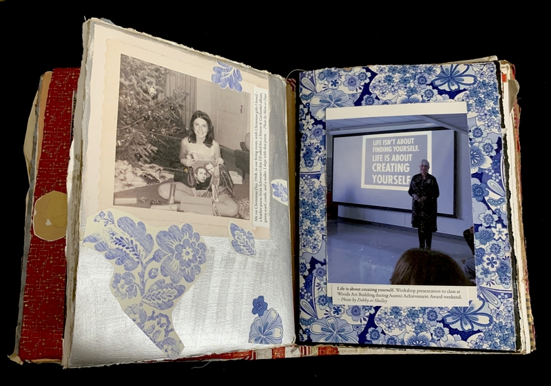 Open scrapbook with a young girl by a Christmas tree and a workshop presentation photo with a motivational quote.