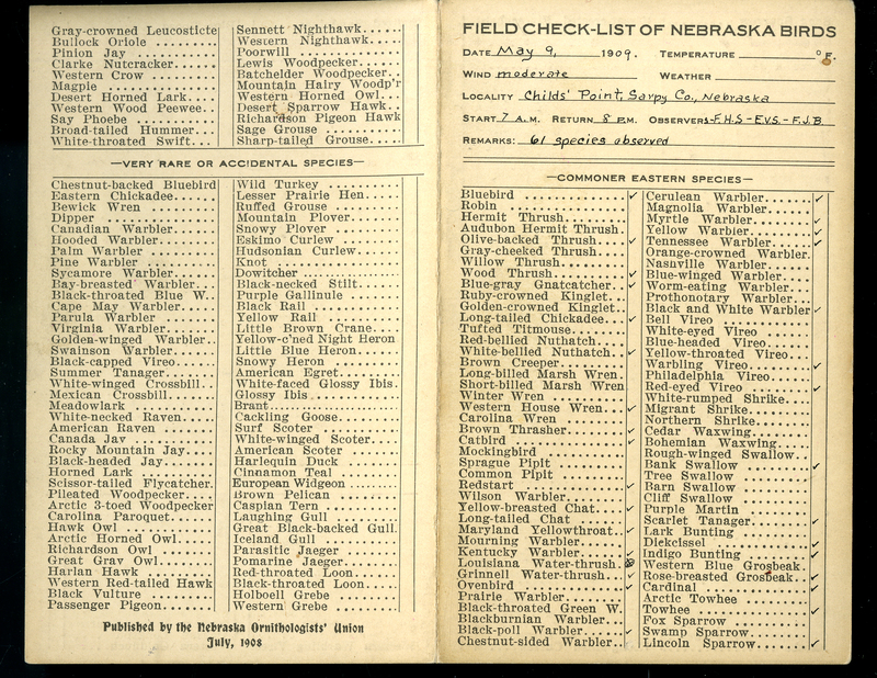 Frank H. Shoemaker bird record, sited on May  9, 1909, in Sarpy County, Nebraska, and recorded on the "Field Check List of  Nebraska Birds."