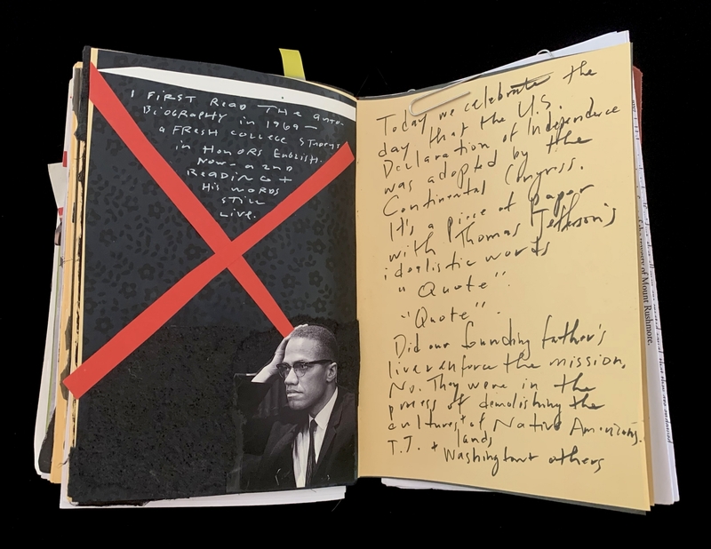 A handwritten journal page featuring a photograph of Malcolm X and a discussion on the U.S. Declaration of Independence.
