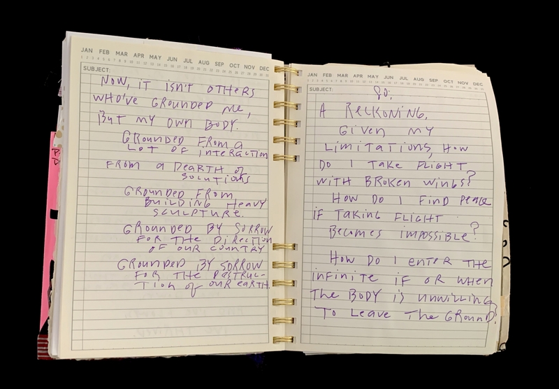 A handwritten notebook page with reflections on personal limitations and the challenges of finding peace and flight.