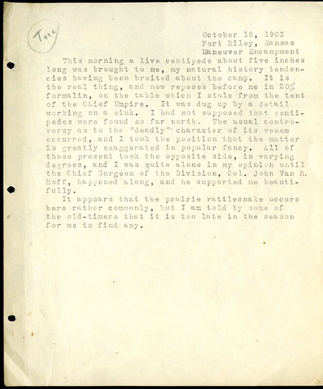 Frank H. Shoemaker typescript, 1 page, titled "Fort Riley, Kansas, Maneuver Encampment."