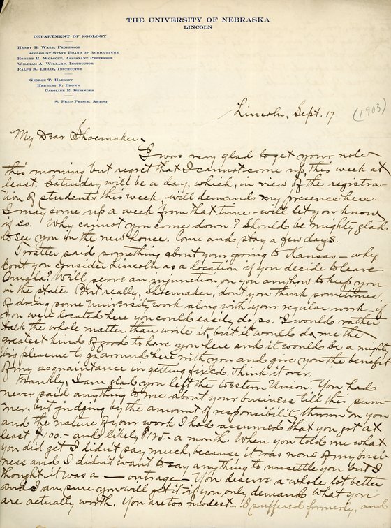 Handwritten letter, 2 pages, from Robert H. Wolcott to Frank H. Shoemaker, "I was very glad to get your note this morning but regret that I cannot come up, this week at least."