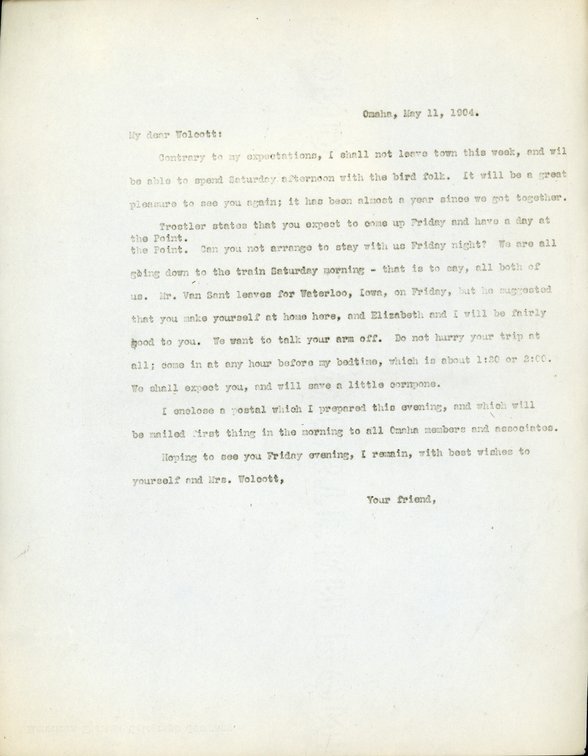 Typewritten letter, 1 page, Frank H. Shoemaker to Robert H. Wolcott, "Contrary to my expectations , I shall not leave town this week, and will be able to spend Saturday afternoon with the bird folk."