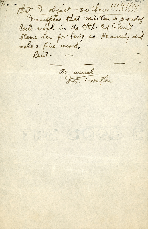 Handwritten letter, 7 pages, from  I.S. [Isador] Trostler to Frank H. Shoemaker, "Yours of 24-38 red on 29th. Your cipher was easy (after I had the key). You look for something difficult in nine do you not?"
