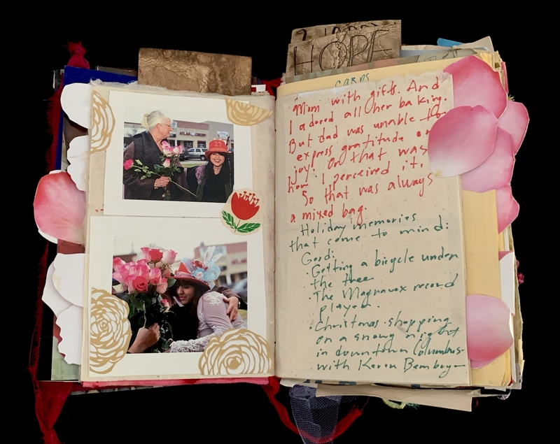 A scrapbook page featuring photographs, handwritten notes, and decorative elements.