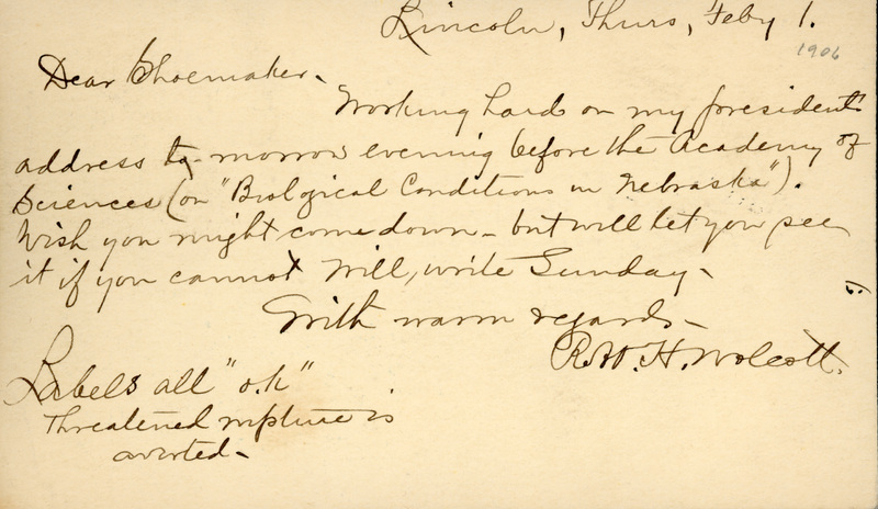 Handwritten postcard from Robert H. Wolcott to Frank H. Shoemaker, "Working hard on my president's address..."