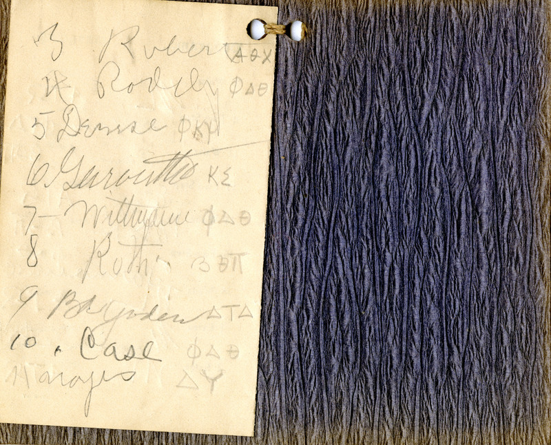 ten dances with the names of the men danced to each song, along with their fraternal letters