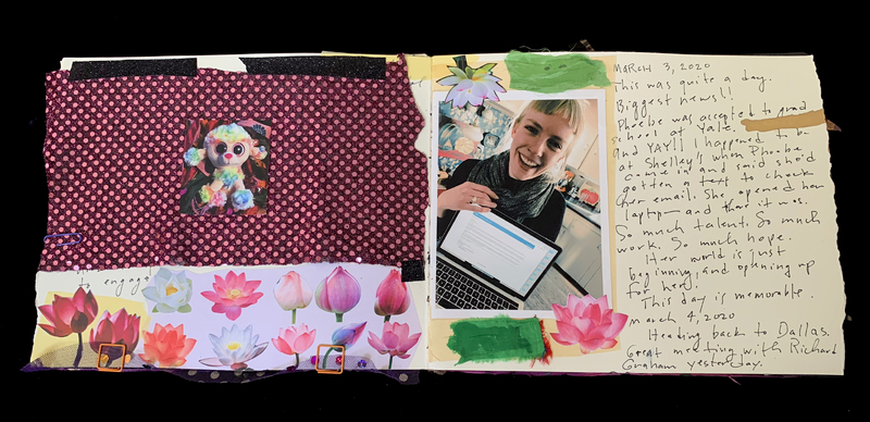 A scrapbook page celebrating a significant academic achievement, featuring a photo of a smiling individual, a stuffed animal, and a collage of lotus flowers.
