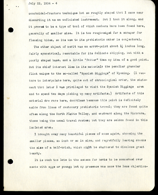 Frank H. Shoemaker typescript, 8 pages, on trip to Agate Springs Ranch with bird list.