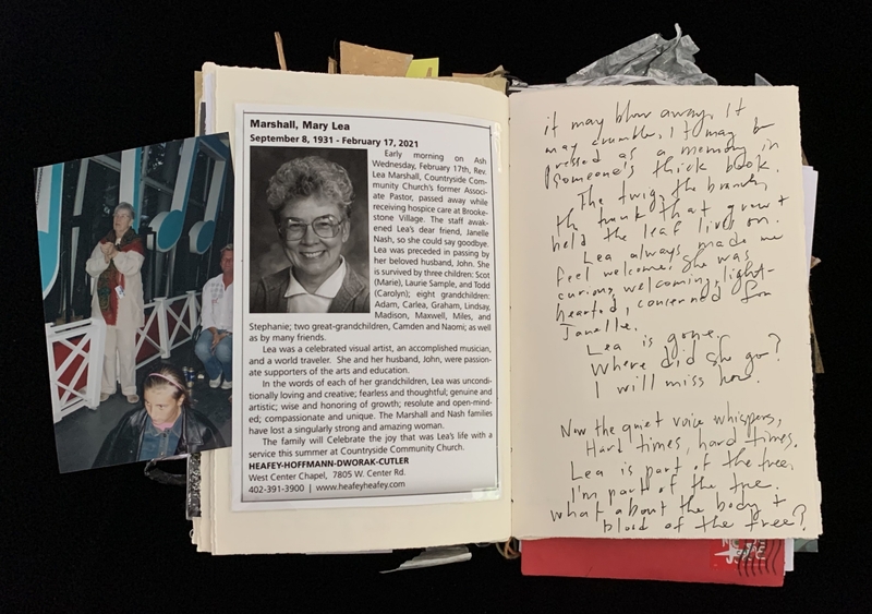 A memorial page featuring a photograph, a printed obituary, and handwritten notes.