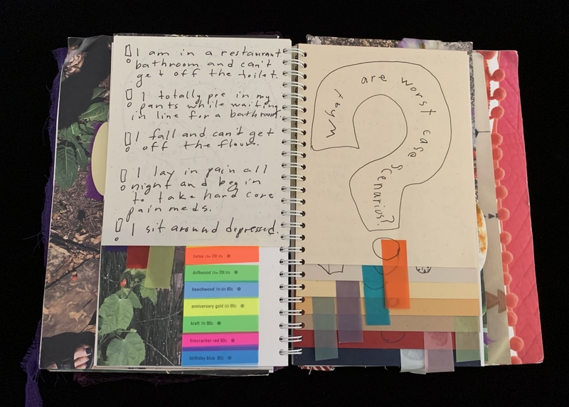 A journal page with handwritten notes and a doodle, featuring a list of worst-case scenarios and colorful paper strips.