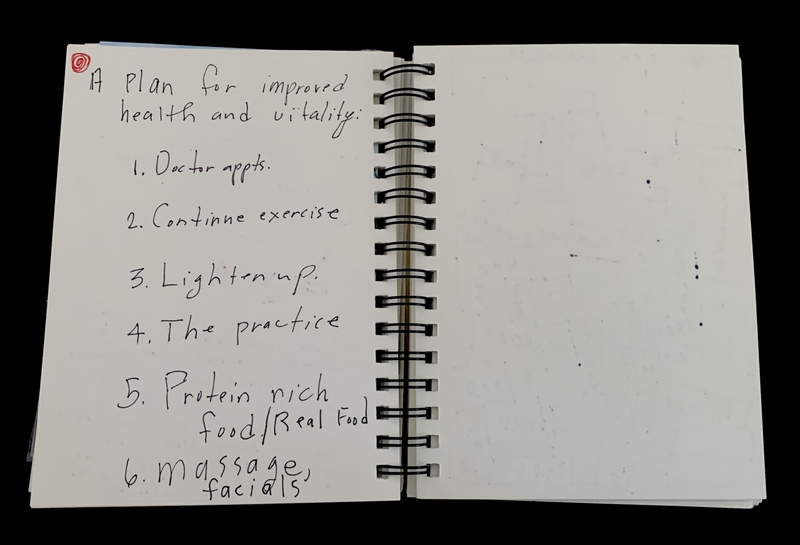 A handwritten plan for improved health and vitality is listed on a spiral-bound notebook page.