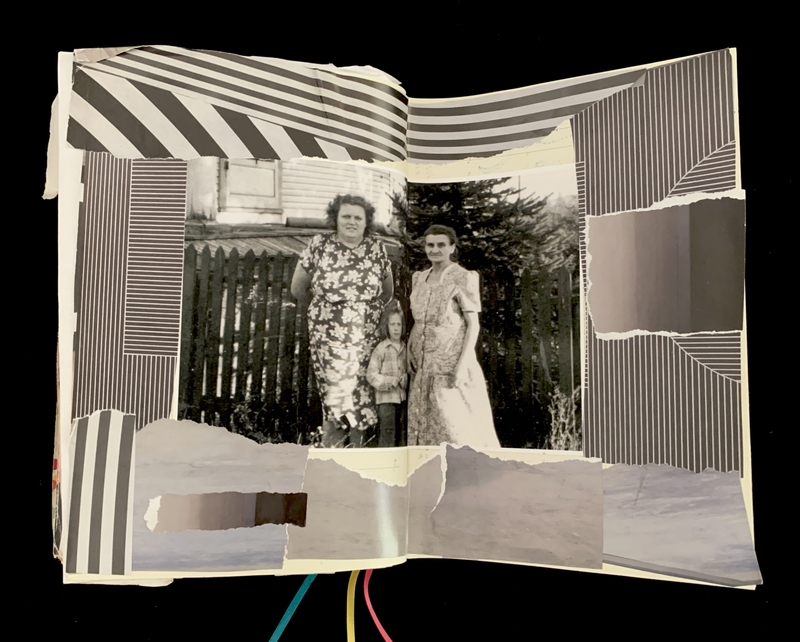 An open journal with a black and white photo and striped collage.