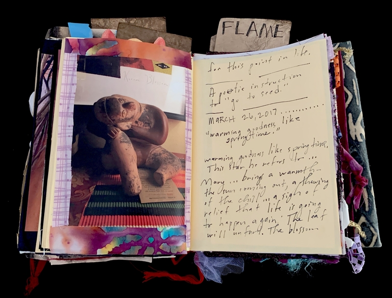 A mixed-media art journal page featuring a photograph of a seated figure, various papers, and handwritten notes.