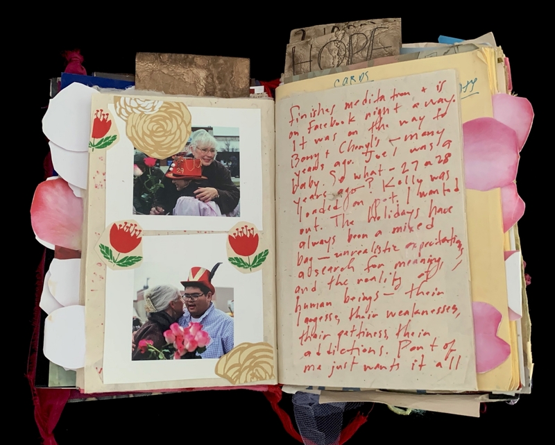 A scrapbook page featuring personal photographs, handwritten notes, and decorative elements.