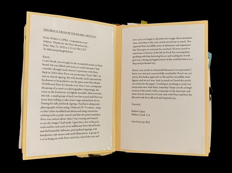 A scanned document featuring a letter from Robert Capra expressing gratitude for an article about Peter Beard.