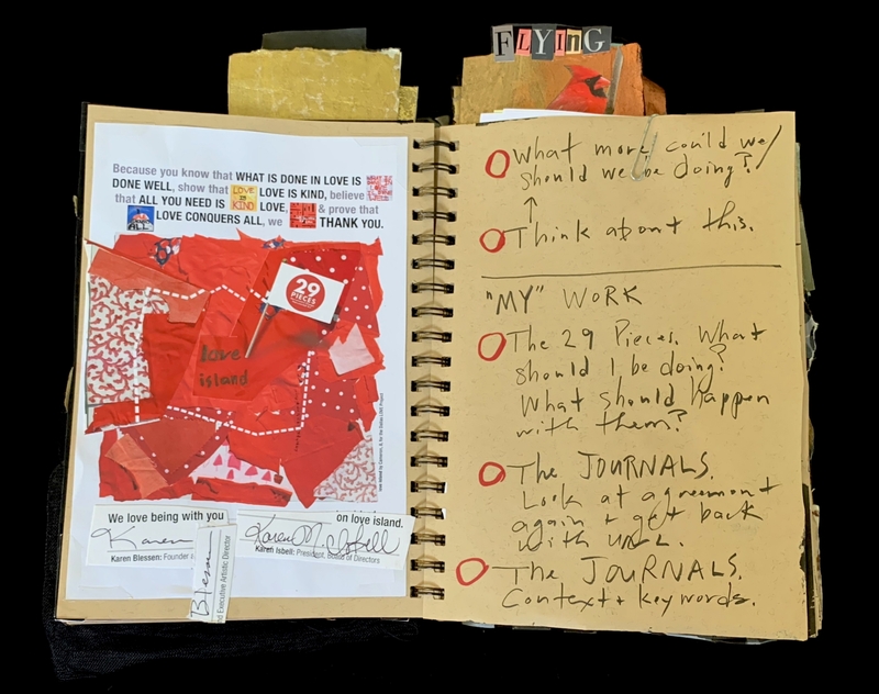 A mixed-media page featuring a collage and handwritten notes discussing "The 29 Pieces" and "The Journals."
